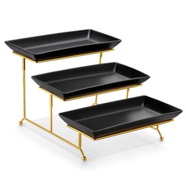 Imagem de MALACASA Bandejas de servir de 3 camadas para festas, bandejas pretas de porcelana de 30 cm para servir alimentos, suporte de sobremesa com rack dobrável de metal dourado