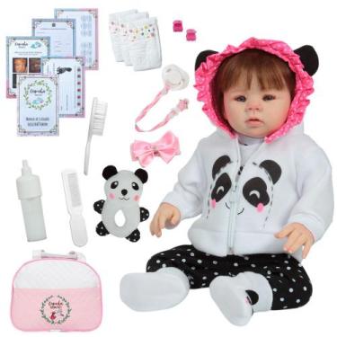 Imagem de Boneca Bebê Reborn Abigail Fio a Fio Roupa Panda Bolsa Itens - Cegonha