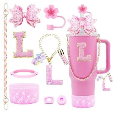 Imagem de 9 peças de acessórios de copo Stanley Bling para copo de 850 g e copo de 1134 g com alça, incluindo pingentes de iniciais, alça de couro, decoração de laço de palha, capa de cobertura de palha, bota,