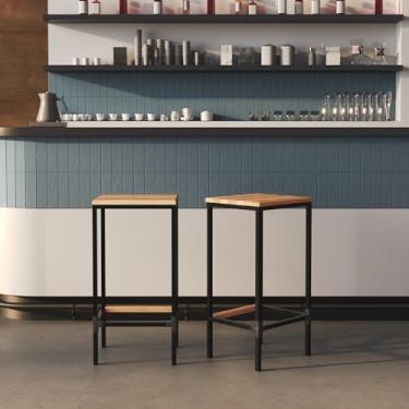 Imagem de Kit 2 Banqueta em Aço Alta Industrial com Assento de Madeira Maciça 75cm - Branca