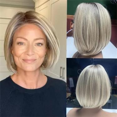 Imagem de QIANAIWO Peruca Feminina Lace Front Loira Acinzentada Curta Reta Bob Com Raiz Marrom Escura, Divisão Lateral Suave, Comprimento Do Queixo, Perucas Sintéticas Para O Dia A Dia (Loira)