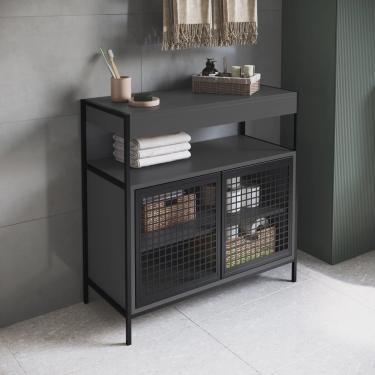 Imagem de Armário Gabinete de Banheiro 80cm Estilo Industrial com 2 Portas P1038 sem Cuba