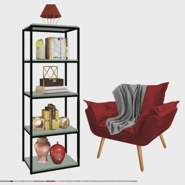 Imagem de Kit Poltrona Fatte com Manta Soft Cinza e Estante Livreiro Ferro Preto mdf Verde Oliva Suede Vermelho - Ahz Móveis