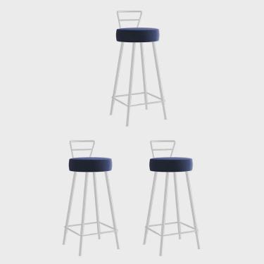 Imagem de Kit 03 Banqueta Alta Com Encosto Tina Eiffel Cozinha Bar Bistrô Ferro Branco Suede Azul Marinho - Ahazzo Móveis