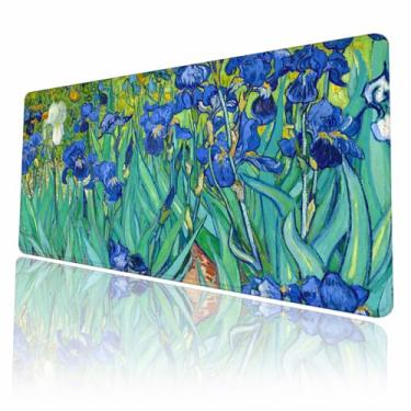 Imagem de Tapete de mesa azul verde Van Gogh íris tapete de mesa grande mouse pad gamer mousepad estendido XXL teclado pad 89.9 x 39.9 cm laptop computador mouse tapete de teclado para decoração de mesa de