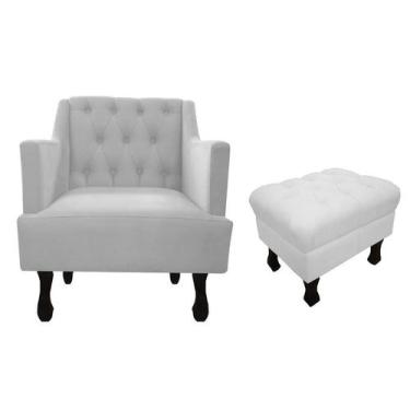 Imagem de Kit Poltrona Decorativa Julia + Puff Luis Xv Couro Branco Pés Madeira 