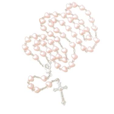 Imagem de Aoxmas Colar de rosário de pérola sintética com pingente de crucifixo, corrente longa de contas com pingente de cruz de metal banhado a prata para mulheres, Pérola, Sem Pedra Preciosa