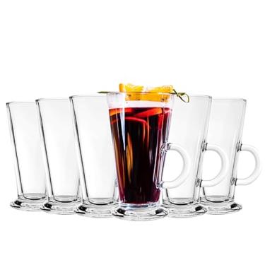 Imagem de binsakao Conjunto de 6 canecas de café irlandês - xícaras altas com leite de 255 g - Copos de café de vidro com alça para cappuccino, chocolate quente, smoothie, bebidas frias