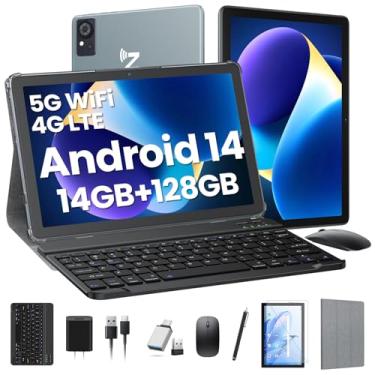 Imagem de Tablet, tablet Android 2025 com teclado expansão de 14 GB + 128 GB + 1 TB, tablets celulares 4G com slot Dual SIM, tablets Octa-Core 2 em 1 de 10,1 polegadas com tela embutida, Wi-Fi 5G, 7000 mAh,