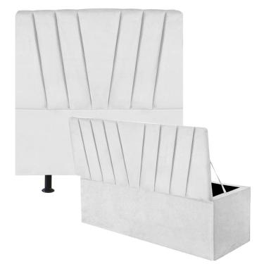 Imagem de Kit Cabeceira Estofada E Calçadeira Baú Recamier Bélgica 90Cm Solteiro Corino Branco