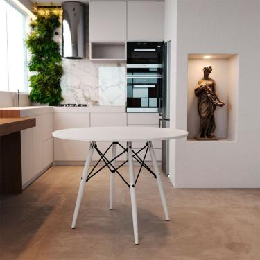 Imagem de Mesa Eiffel Wood Tampo De Madeira 90 Cm Branco Premium Pés Brancos Asturias - Cor: Marrom