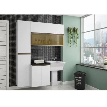 Imagem de Armário De Lavanderia 3 Peças Com Tampo E Vidro Reflecta Pérola Móveis Branco Polar Com Preto Txt