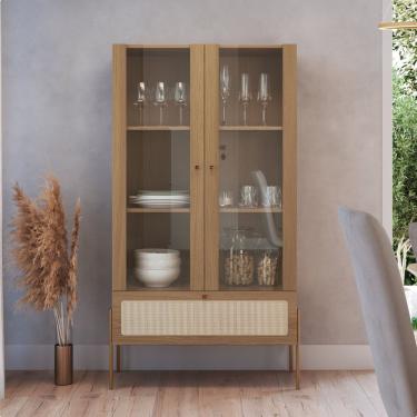 Imagem de Cristaleira 2 Portas Vidro 1 Gaveta 83cm Palhinha Pé Metal Hanover Dourado