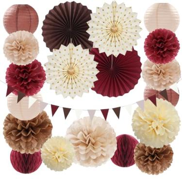 Imagem de burgleda Decoração De Festa Boho Borgonha Marrom Bege - 20 Peças Lanternas Papel Aniversário Outono Rosa Empoeirado, Pompons Papel, Bolas Favo Mel, Chá Panela Casamento Outono, Rústica Neutra Para B