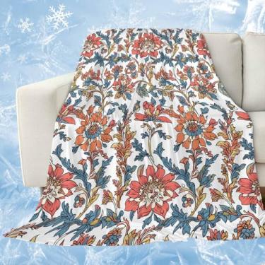 Imagem de Cobertores florais refrescantes para quem dorme quente, flores vermelhas, folhas azuis, cobertor de gelo leve, 101,6 x 152,4 cm, cobertores frios de verão para suores noturnos