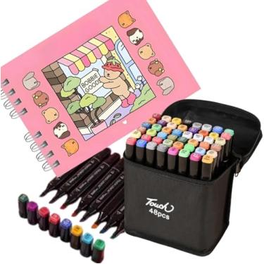 Imagem de Kit Caneta e Livro de Colorir Urso Bob Rosa Capa Dura – 48 Canetas Coloridas Dupla Ponta Brush Pen e Fineliner – Livro Antiestresse – Educativo e Terapêutico – Frete Rápido