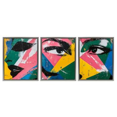 Imagem de Stupell Industries Face & Eyes Fractal 3 peças cinza emoldurado conjunto de tela flutuante design por Walker Noble, 17 x 21