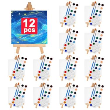 Imagem de Conjunto de tinta acrílica, pacote com 12 mini quadros de lona de 4 x 10 cm para pintura, 12 cavaletes de madeira, 24 tintas acrílicas, 24 pincéis, 12 bandejas de tinta, tela de pintura com kits de