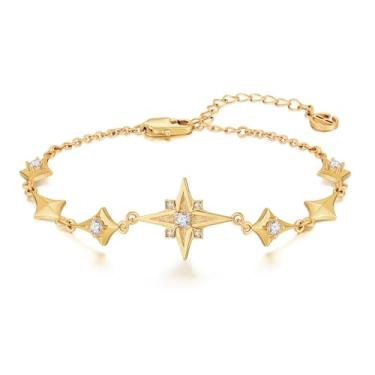 Imagem de Cicy Bell Pulseiras femininas banhadas a ouro 18 k com estrela de quatro pontas, zircônia cúbica, cruz, estação cruzada, presente, 17,5 cm + 4,8 cm, 17C, Latão banhado a ouro 18K, zircônia cúbica