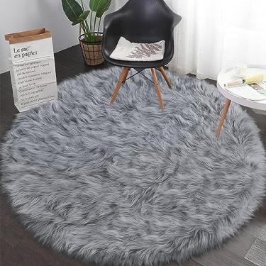 Imagem de TENNOLA Tapetes redondos de pele sintética cinza para quarto sala de estar, 1,5 m x 1,5 m tapete circular fofo para quarto de crianças, tapete peludo para quarto de meninas/meninos adolescentes, tapete circular felpudo antiderrapante
