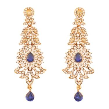 Imagem de Brincos de noivado femininos com design de strass paisley indiano Bollywood Touchstone em tom dourado antigo 3.50 inches Azul