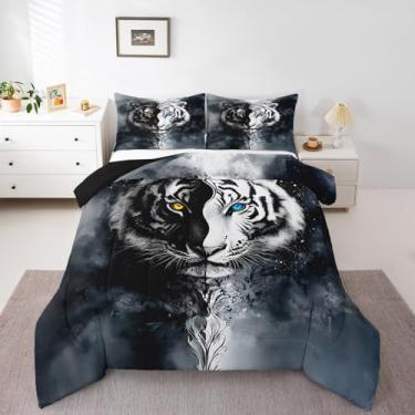 Imagem de Erosebridal Conjunto de cama solteiro com estampa de tigre africano, animais de safári africano, exótico, vida selvagem, preto e branco, microfibra macia para adultos, adolescentes, homens, decoração