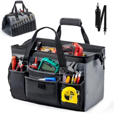 Imagem de FRECOLSH Bolsa de ferramentas grande e resistente para homens – Organizador de caixa de ferramentas de 43 cm com 22 bolsos e suporte de chave inglesa – Bolsa de ferramentas de boca larga com base