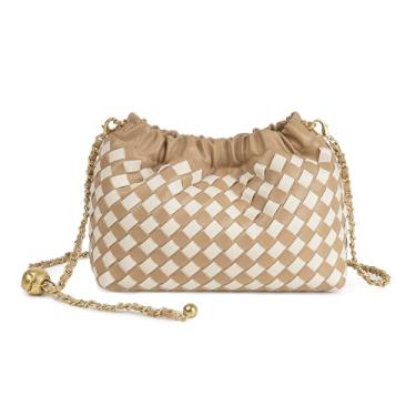 Imagem de Joryin Bolsa tiracolo feminina de tecido e bolsa de noite, bolsa de mão de bolinho moderna e bolsa de ombro Hobo Cloud clutch moderna, Tecido de couro marrom claro branco, Small (15cm W x 22cm L x 8cm