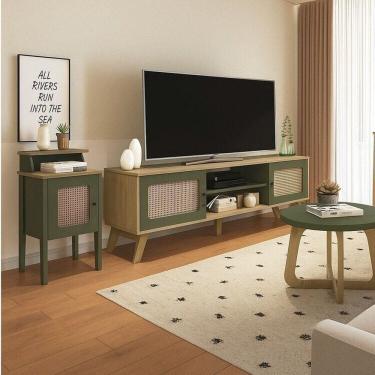 Imagem de Kit 3 Peças com Rack para Tv até 75 Polegadas Mesa de Centro e Mesa de Apoio Charlotte Carvalho/Menta