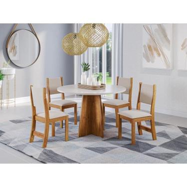 Imagem de Conjunto Mesa De Jantar Redonda Slin Mel 4 Cadeiras Sol Linho Bege