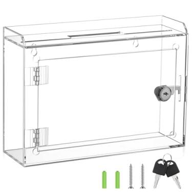 Imagem de Juexica Caixa de sugestões transparente com trava e ranhura, caixa de chave de acrílico segura para dinheiro, caixa de correio de bloqueio pequena montada na parede, doação de cédulas para escritório