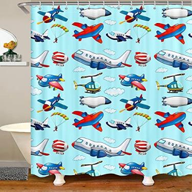 Imagem de Cortina de banho infantil para meninos, desenho animado, avião, banheiro, cortina de chuveiro, helicóptero, avião, decoração de viagem, cortina de chuveiro à prova d'água com ganchos, decoração