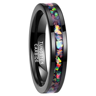 Imagem de Vakki Anéis de tungstênio preto de 4 mm e 8 mm incrustados com opala criada esmagada aliança de noivado masculina ajuste confortável tamanho 4-12, 4.5, Carboneto de tungstênio, fragmentos