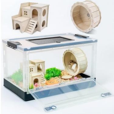 Imagem de Wedoelsim Gaiolas de hamster portáteis e dobráveis com rodas, habitat de castelo e roda de exercícios, fáceis de mover e armazenar, adequadas para porquinhos da índia, ratos e outros animais pequenos (preto, grande)