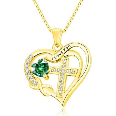 Imagem de VANAODUC Colar feminino com cruz infinita com pedra do mês de nascimento, ouro 14K, ouro branco 18K, ouro rosa, pingente feminino I Love You, presente de aniversário e Natal para sua mãe e esposa