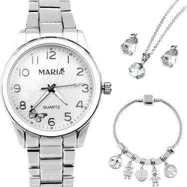 Imagem de Relogio Aco Inox Prata Feminino + Pulseira + Brincos Colar Presente Social Strass Ajustavel Garantia