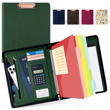 Imagem de Ospelelf Prancheta verde com 3 fichários de couro com zíper, capa para tablet de 30,7 cm, 5 divisórias com bolso, bloco de notas recarregável, compartimento para cartão