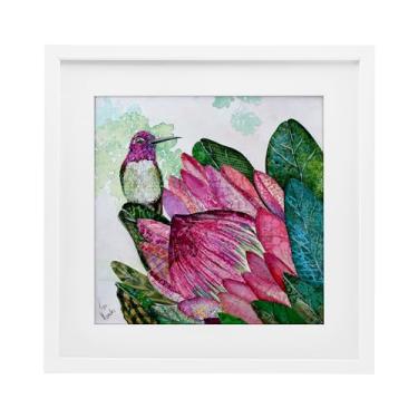 Imagem de Stupell Industries Impressão emoldurada branca beija-flor e protea design sob vidro por Lisa Morales, 40,6 x 40,6 cm