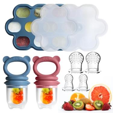 Imagem de Catvegue Conjunto de alimentador de comida de bebê - 2 alimentadores de silicone e bandeja reutilizável para freezer com tampa (azul + vermelho)