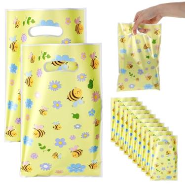 Imagem de Ouligay 50 peças de sacos de lembrancinhas de festa de abelha com alças de plástico à prova d'água sacos de presente florais amarelos para embrulho de presente para festa de aniversário com tema de