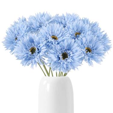 Imagem de Fqueelvys Flores artificiais Gerbera, margarida, 12 peças, margaridas falsas, flores de seda azul com hastes para vaso de mesa, centro de mesa, decoração de jardim, festa de casamento (azul)