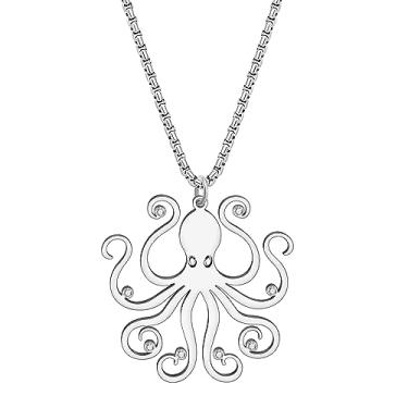 Imagem de BAMAY Lindo colar de polvo, pingente de aço inoxidável, banhado a ouro 18 quilates, joia de strass, animais do oceano, presentes para mulheres e meninas, Medium, Aço inoxidável, Strass