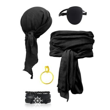 Imagem de Verceco Conjunto de acessórios masculinos de fantasia de pirata para mulheres, bandana para cabeça, cachecol, faixa, cinto, joias de pirata, 5 peças, Preto, Tamanho Único
