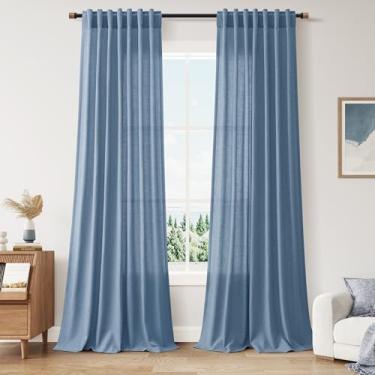 Imagem de Cortinas de linho azul pedra 274 cm sala de estar com filtro de luz traseira cortinas semitransparentes simplicidade moderna casa de fazenda decoração costeira para janela alta do chão ao teto, 52 x