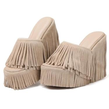 Imagem de CYNLLIO Sandálias femininas com franja plataforma elegante salto cunha sapatos boho verão sem cadarço bico aberto chinelos de praia com borlas, Damasco, 39