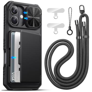 Imagem de ATATOO Capa carteira para iPhone 17 com cordão, alça de telefone transversal para mulheres e homens, porta-cartões e capa de câmera deslizante, proteção de nível militar, capa protetora robusta para