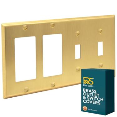 Imagem de Rio Salto Capa decorativa dourada de metal 4 gangs ou capa de interruptor de luz, placa de parede, receptáculo de combinação de balancim quadriciclo, tampas de placa de parede tamanho padrão latão