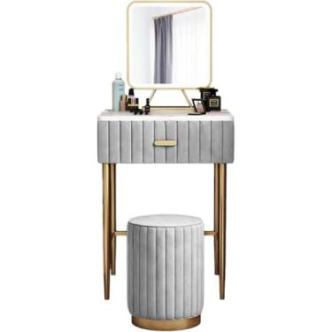 Imagem de Conjunto De Mesa De Vaidade Pequena Moderna, Mesa De Maquiagem Com Gavetas E Espelho, Mesa De Maquiagem Com Banquinho Redondo Acolchoado, Estrutura De Ferro Com Tampo De Mármore, Beige, 40x40cm