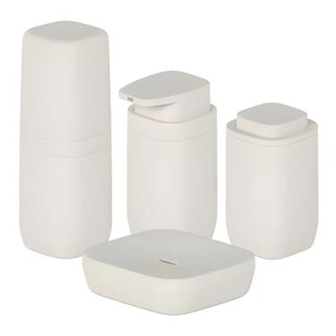 Imagem de Kit Banheiro 4pç Saboneteira + Porta Escova + Dispenser + Suporte Cotonete Algodão Bege - Ou