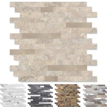 Imagem de Yipscazo 10 folhas de revestimento de azulejo de metal de pedra, cole em azulejos para cozinha, banheiro, lavanderia, acampamento, lareira (30 x 30 cm, pedra bege com metal dourado)